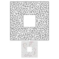 schwarzes quadratisches Labyrinth mit Ein- und Ausgang. ein interessantes und nützliches Spiel für Kinder. einfache flache Vektorillustration lokalisiert auf weißem Hintergrund. mit Platz für Ihre Zeichnungen. mit der Antwort. vektor