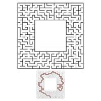 schwarzes quadratisches Labyrinth mit Ein- und Ausgang. ein interessantes und nützliches Spiel für Kinder. einfache flache Vektorillustration lokalisiert auf weißem Hintergrund. mit Platz für Ihre Zeichnungen. mit der Antwort. vektor