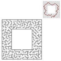 schwarzes quadratisches Labyrinth mit Ein- und Ausgang. ein interessantes und nützliches Spiel für Kinder. einfache flache Vektorillustration lokalisiert auf weißem Hintergrund. mit Platz für Ihre Zeichnungen. mit der Antwort. vektor