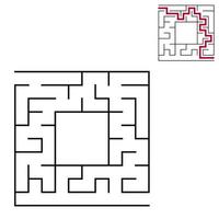 schwarzes quadratisches Labyrinth mit Ein- und Ausgang. ein interessantes und nützliches Spiel für Kinder. einfache flache Vektorillustration lokalisiert auf weißem Hintergrund. mit Platz für Ihre Zeichnungen. mit der Antwort. vektor