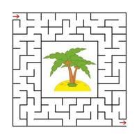 abstraktes quadratisches Labyrinth mit einem Farbbild. Insel mit einer Palme. ein interessantes und nützliches Spiel für Kinder. einfache flache Vektorillustration lokalisiert auf weißem Hintergrund. vektor