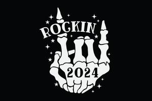 rocka 2024 skelett hand rolig Lycklig ny år 2024 t-shirt design vektor