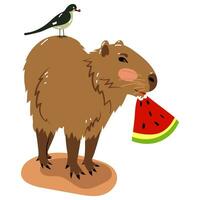 ein Illustration von ein Capybara mit ein Vogel auf es ist zurück Essen ein Wassermelone erfasst ein berühren Moment von unglaublich Freundschaft, Niedlichkeit und Charme. ein Säugetier Anteile Essen mit ein Vogel Vektor Illustration