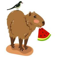 ett illustration av en capybara med en fågel på dess tillbaka äter en vattenmelon fångar en rörande ögonblick av otrolig vänskap, söthet och charm. en däggdjur aktier mat med en fågel vektor illustration