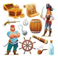 einstellen von Pirat Figuren, Karte, Fass, Schatz Truhe und Fernglas. Pirat Elemente Vektor Karikatur Illustration