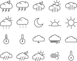 Wetter Linie Symbole Satz. Sonne, Regen, Donner Sturm, Tau, Wind, Schnee Wolke, Nacht Himmel minimal Vektor Illustrationen. einfach eben Gliederung Zeichen zum Netz, Prognose App.