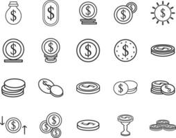 mynt relaterad ikoner tunn vektor ikon uppsättning, svart och vit utrustning