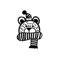 vektor ClipArt av en björnens ansikte i en hatt och scarf i klotter stil. stock svart och vit illustration.