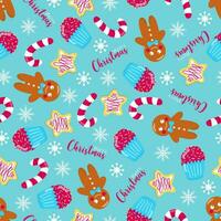 nahtlos Weihnachten Muster mit Lebkuchen, Muffin, Zucker Stock, Kekse und Schneeflocken. im Karikatur Stil, auf ein Blau Hintergrund. Verpackung Papier. vektor