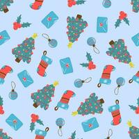sömlös jul mönster med järnek, kuvert, gran träd, jul strumpa, jul boll. på en blå bakgrund, i en ritad för hand stil. söt tecknad serie illustration. vektor