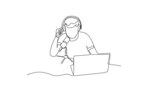 einer kontinuierlich Linie Zeichnung von Mann ist Anzeigen ein verzeichnet Podcast auf seine Handy, Mobiltelefon Telefon vektor