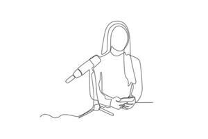einer kontinuierlich Linie Zeichnung von Frau suchen beim Podcast aufführen auf Handy, Mobiltelefon Telefon vektor