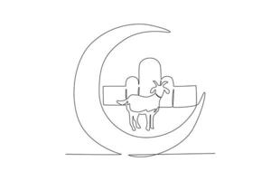 ett kontinuerlig linje teckning av get och moské över måne eid al Adha begrepp vektor
