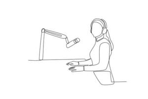 einer kontinuierlich Linie Zeichnung von Frau bekommen bereit zu sagen ein Geschichte auf Podcast vektor