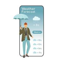 Wettervorhersage-Cartoon-Smartphone-Vektor-App-Bildschirm. Handy-Display mit flachem Charakter-Design-Mockup. Männchen mit Regenschirm. Kaukasischer Mann in der Jacke. Telefonschnittstelle der Meteorologieanwendung vektor