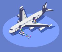 Isometrische Farbvektorillustration des kommerziellen Flugzeugs. Flugpassagiere Boarding Flugzeug 3D-Konzept auf blauem Hintergrund isoliert. Transport durch Fluggesellschaften. internationaler Tourismus, Flugreisen vektor