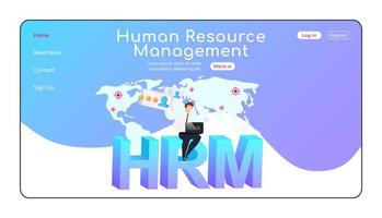mänsklig resurshantering målsida platt färgvektormall. affärsman sitter på ordet hemsida layout. högt betyg en sida webbplats gränssnitt med seriefigur. hrm webbbanner, webbsida vektor