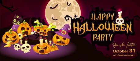 glad halloween händelse platt banner mall. höst semester natt fest inbjudan kort design layout. spöklik tecknad bakgrund med läskiga pumpor, måne och bokstäver. helloween horisontell affisch vektor