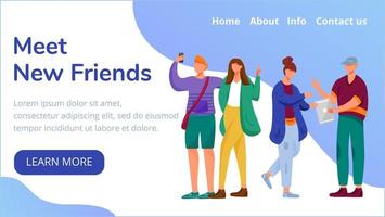 Treffen Sie neue Freunde mit Zielseitenvektorvorlage. Teenager-Lifestyle-Website-Interface-Idee mit flachen Illustrationen. Homepage-Layout der Generation Z. Verwenden von Gadgets-Webbannern, Webseiten-Cartoon-Konzept vektor