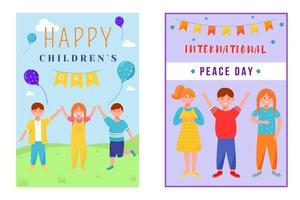 Happy Childrens Day Grußkarte flache Vektorvorlagen eingestellt. Kinder feiern den internationalen Friedenstag. Design-Layout für Jungen und Mädchen fest Postkarten. Poster, Banner mit Zeichentrickfiguren und Schriftzug vektor