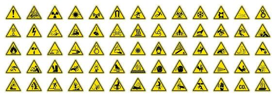 groß einstellen von 65 isoliert gefährlich Symbole auf Gelb runden Dreieck Tafel Warnung Zeichen vektor