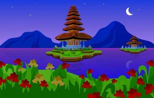 Pura ulun danu bratan flache vektorillustration. Hindu-Shaivite-Wassertempel auf Bali. Nacht. Tempelanlage in Indonesien. religiöses Gebäude am See bei Nacht vektor