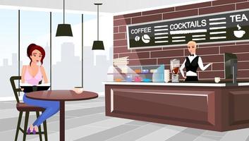 Coffee-Shop-Besucher sitzen am Tisch flache Vektorgrafiken. Cartoon-Barista an der Theke, die auf Kundenbestellung wartet. trendiges urbanes Restaurant-Interieur. stilvolle Tafel mit Cocktails, Teekarte vektor