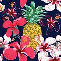 nahtloses Muster tropischer Sommer mit Hibiskusblüten und Ananas auf isoliertem dunkelblauem background.vector Illustration Handzeichnung trocken Aquarell style.for Fabric Design. vektor