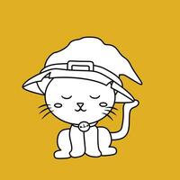 söt katt djur- med häxa hatt tecknad serie digital stämpel översikt vektor