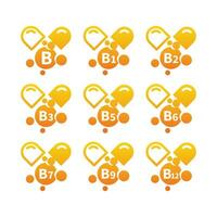 vitamin b komplex kapslar ikon uppsättning. vitaminer b1, b3, b9 och b12 ikoner. vektor