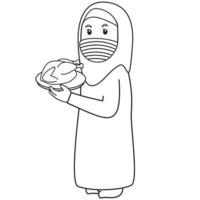 muslimische frau oder mutter verwenden blaues hemd, ramadan-nacht bringt gebratenes hühnchen, mit maske und gesundem protokoll.charakterillustration. vektor