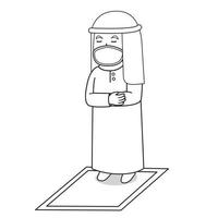 muslimischer mann verwendet braunes kleid traditioneller muslim. tarawih betet im ramadan-monat, mit maske und gesundem protokoll.charakterillustration. vektor