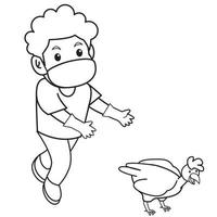 Kinder versuchen, Huhn zu fangen, das in der Farm mit mask.character-Illustration aktiv ist. vektor