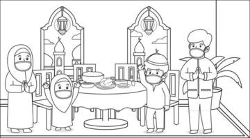 Während der Corona-Virus-Pandemie bleibt die muslimische Familie zu Hause und feiert im Iftar Maghrib im Ramadan-Monat. Mit Masken und Gesundheitsprotokollen. Kinderbuchillustration. vektor