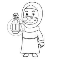 muslimisches Mädchen verwendet orangefarbenes Hemd und Hijab. Setzen Sie die Ramadan-Laterne in den Ramadan-Monat, indem Sie eine Maske und ein gesundes Protokoll verwenden. vektor