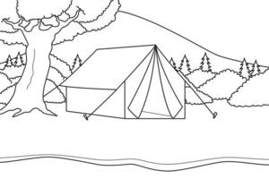 Camping auf einem Zelt am Flussufer mit Blick auf Berge, Büsche und Bäume. schwarzer und weißer Hintergrund. Malbuchillustration. Vektor