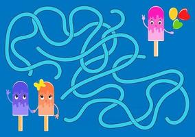 Farbe abstraktes Labyrinth. Helfen Sie dem süßen Eis, das Eis mit Luftballons zu erreichen. Arbeitsblätter für Kinder. Aktivitätsseite. Spielpuzzle für Kinder. Cartoon-Stil. Labyrinth Rätsel. Vektor-Illustration. vektor