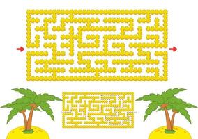 Farbe rechteckiges Labyrinth. gelber Strand mit Palmen im Cartoon-Stil. Spiel für Kinder. Puzzle für Kinder. Labyrinth Rätsel. flache Vektorillustration lokalisiert auf weißem Hintergrund. mit der Antwort. vektor