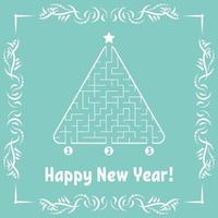 nytt år gratulationskort med en triangulär labyrint. hitta rätt väg till stjärnan. spel för barn. julgran. labyrint. vektor illustration. med ram i vintage stil.