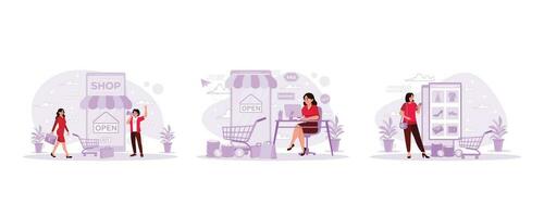 schön Frauen und Verkäufer Wer sind fördern Produkte. sme Inhaber Arbeiten mit das Computer. Frauen Geschäft online beim das Marktplatz. Trend modern Vektor eben Illustration.