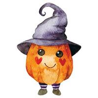 Aquarell Zeichnung, süß Charakter Halloween Kürbis im ein Magie Hut. kawaii. vektor