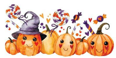 Aquarell Zeichnung, Komposition mit süß Halloween Kürbisse, Süßigkeiten und Süßigkeiten. kawaii Dekoration vektor