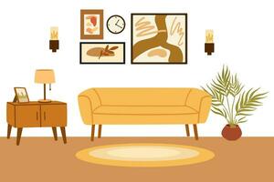 Leben Zimmer modern Innere. Möbel, Sofa, Teppich, Truhe von Schubladen, Lampe, Gemälde. Vektor eben Stil Sammlung von Möbel zum Haus isoliert auf Weiß Hintergrund.