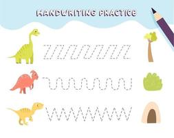 Handschriftübungen für Kinder im Vorschulalter. Nachziehen von Linien mit bunten Dinosauriern. pädagogisches Kinderspiel. Arbeitsblatt für Kinder vektor