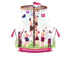 indonesiska människor tävlar om pinangklättring för att fira Indonesiens självständighetsdag den 17 augusti. vektor illustration