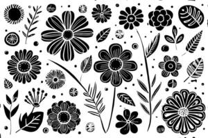abstrakt svart och vit enfärgad ritad för hand blommor textur mönster klotter vektor illustration