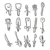 klotter teman av kök redskap, skedar, gafflar, knivar, tändstickor, slevar, sax och andra vektor