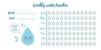 vektor tryckbar varje vecka vatten balans spårare. 12 glasögon per dag kalender. hydratisering utmaning. vatten balans tracker mall. dricka tillräckligt vatten.