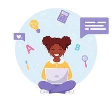 Afroamerikanermädchen, das mit Computer studiert. Online-Lernen, zurück zum Schulkonzept. vektor