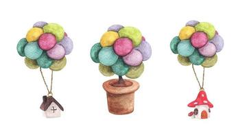 uppsättning hus hängande med färgglada ballong och träd i kruka. akvarell illustrationer.